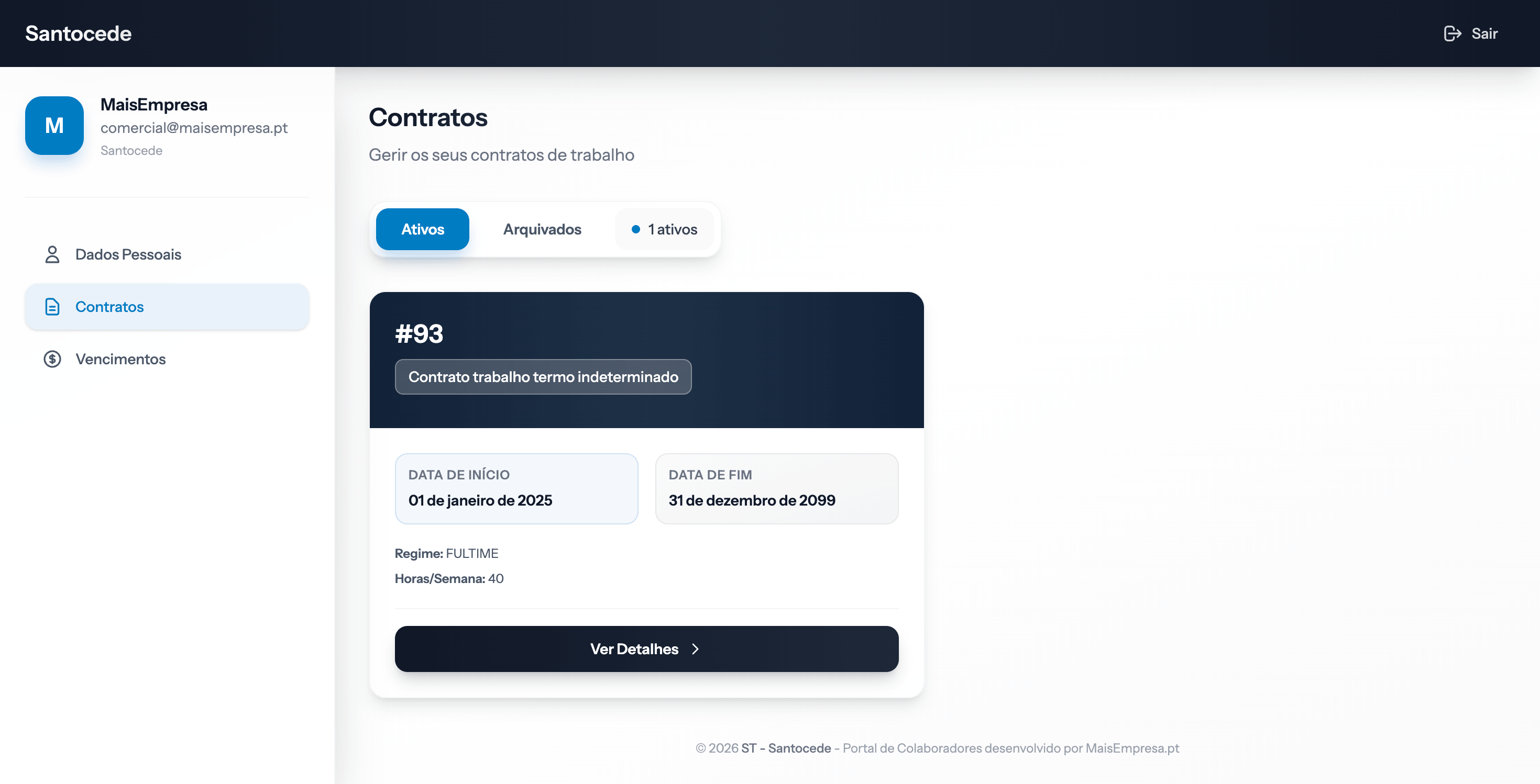 Portal do colaborador — vista de contratos ativos