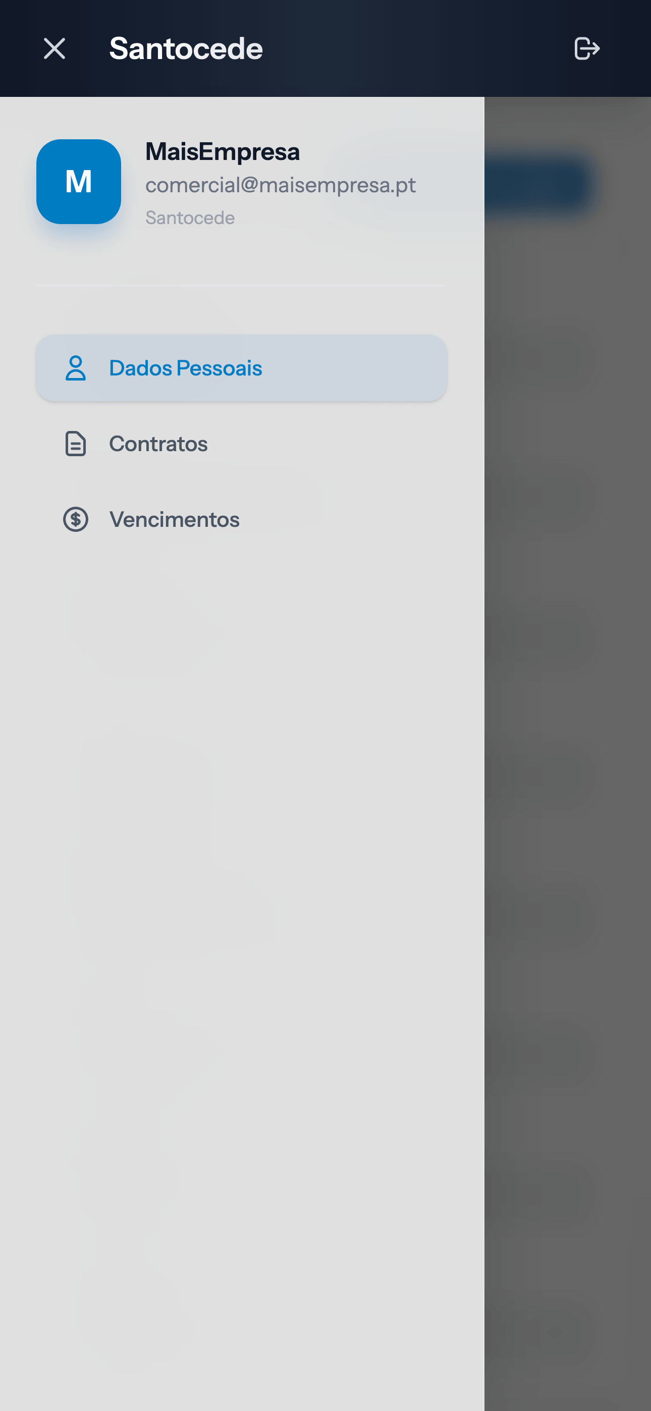 App do portal do colaborador — menu principal