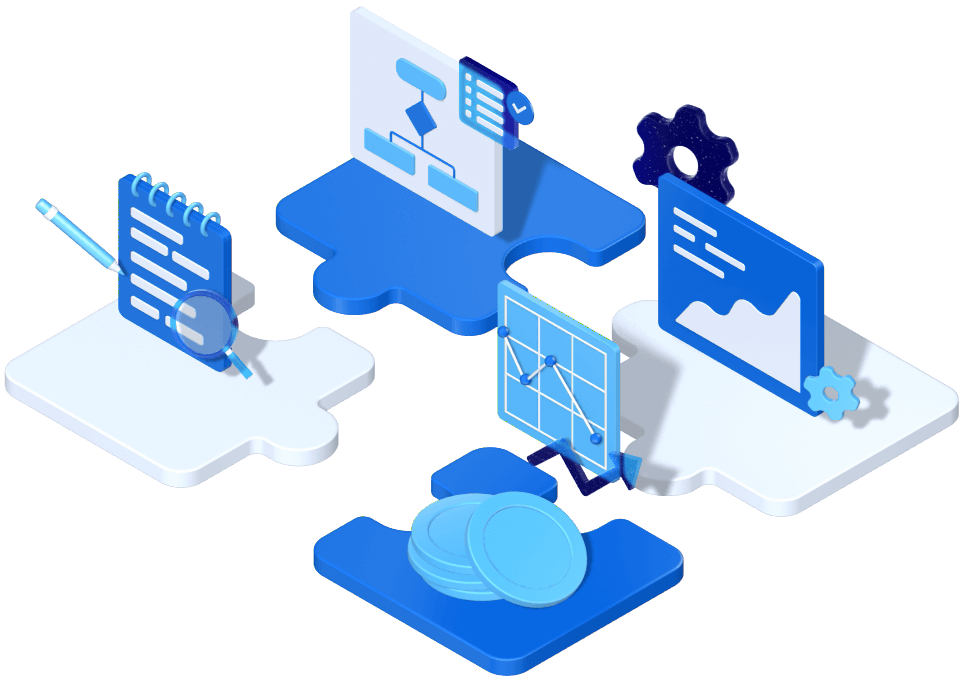 Ilustração isométrica de soluções digitais completas para empresas, representando softwares, integração de sistemas e automação empresarial